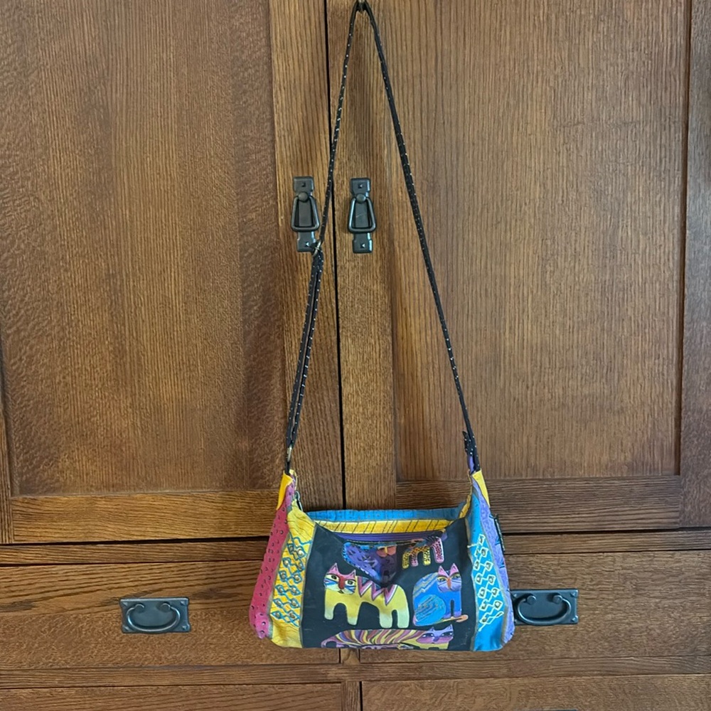 Laurel Burch crossbody bag cats colorful zip to secure polka dot strap